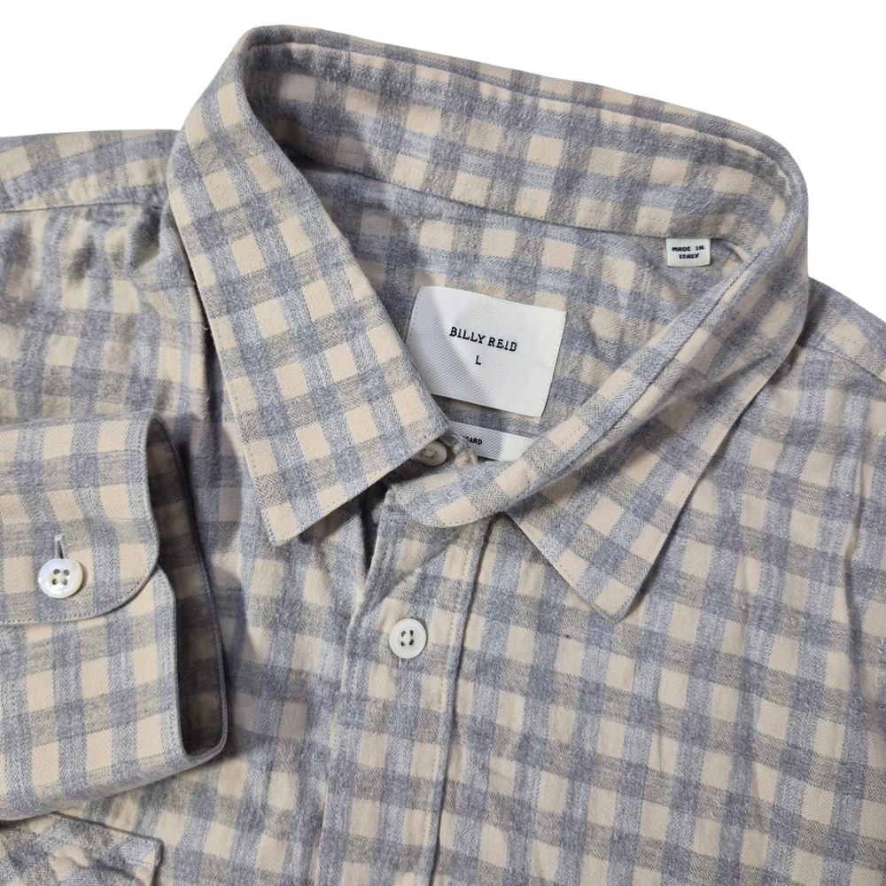Billy Reid Shirt Mens L Standard Gray Blue Gingham Cotton Flannel Italy Casual